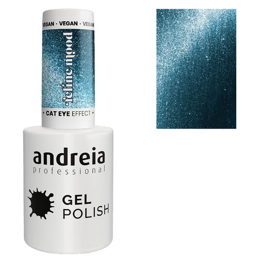Vernis semi permanent Cat Eye Effect bleu p&eacute;trole avec des reflets bleus