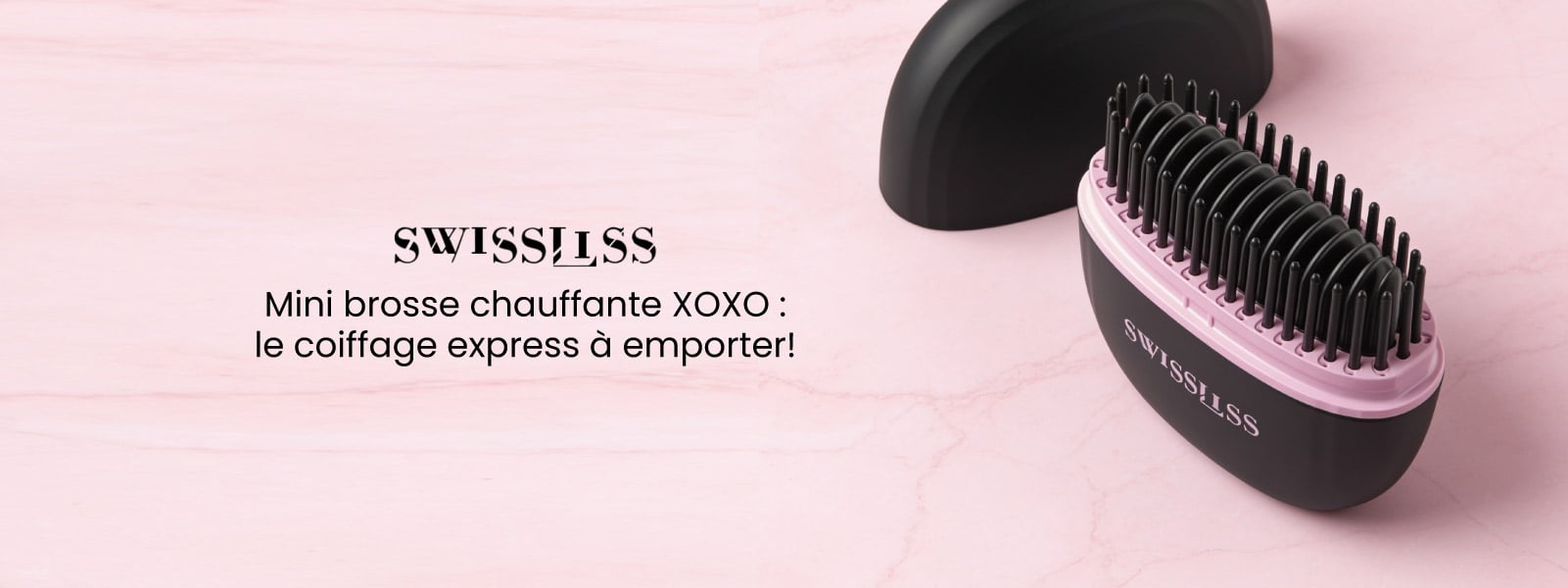 Compacte, sans fil et facile à transporter, la mini brosse chauffant XOXO Swissliss accompagne toutes vos retouches coiffure !