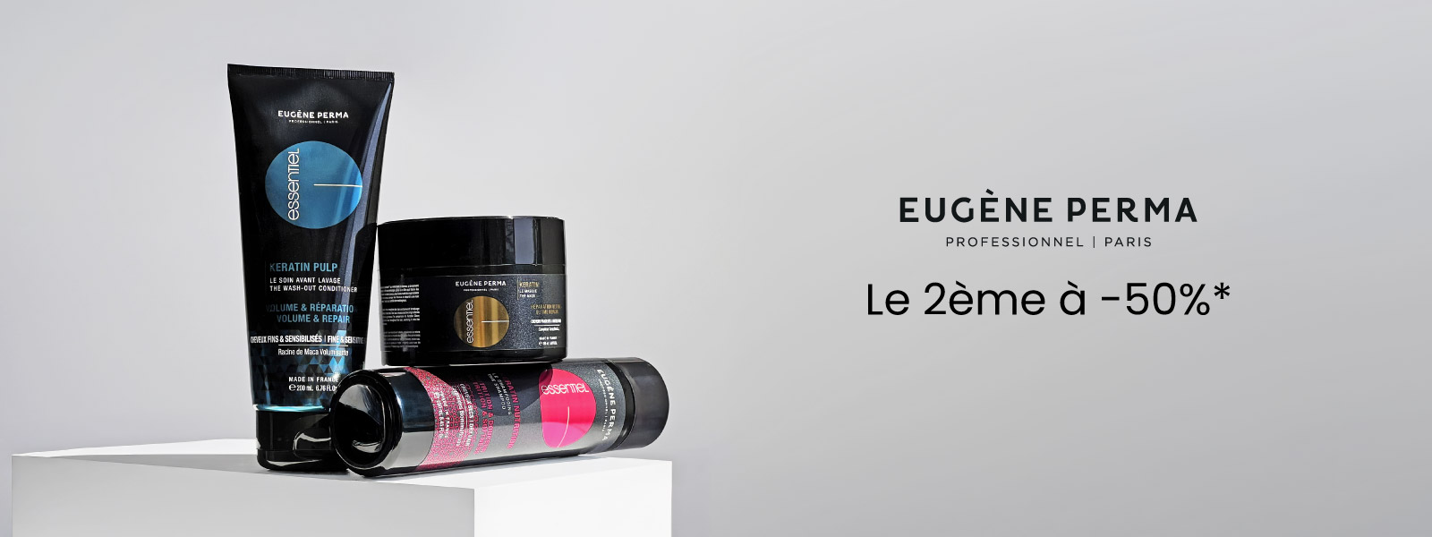 Pour l'achat d'un produit de la gamme Essentiel d'Eugène Perma Professionnel, profitez du 2ème à -50% !